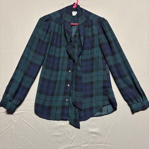 J.Crew Black Watch Plaid Bowneck Top Preppy Classic Office
